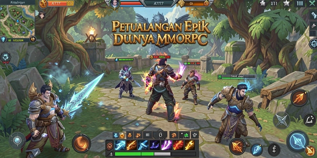 Screenshot utama A7777 menampilkan pertarungan seru dalam dunia MMORPG.