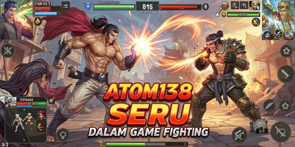 Screenshot game menunjukkan karakter bertarung dengan latar belakang yang dinamis.