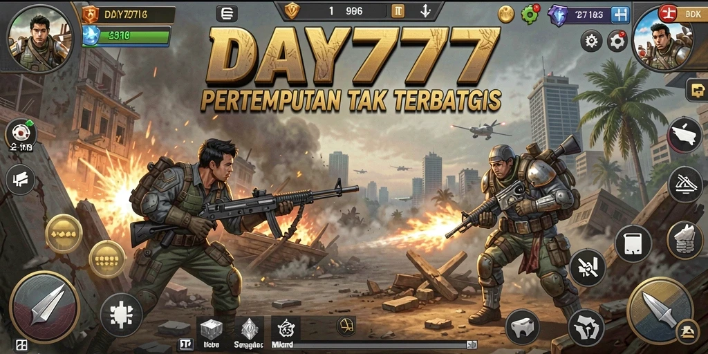 Screenshot utama menampilkan aksi pertempuran intens di DAY777.