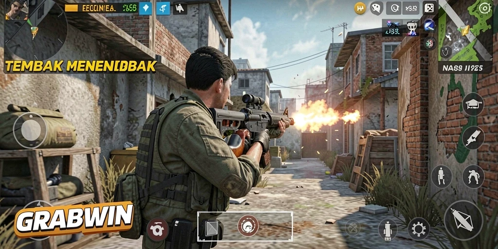 Screenshot gameplay GRABWIN menampilkan pertarungan TPS yang intens.