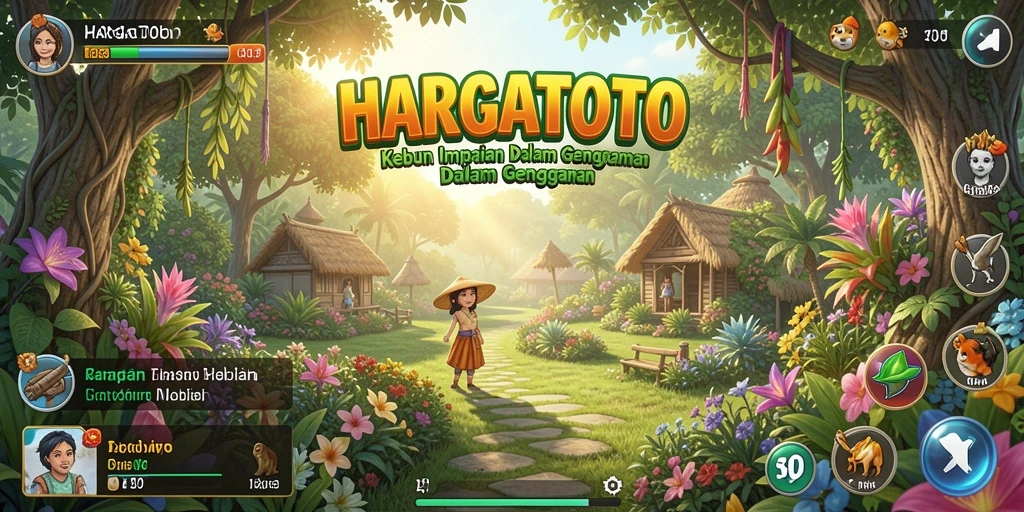 Tampilan gameplay HARGATOTO yang menyenangkan dengan kebun yang subur.