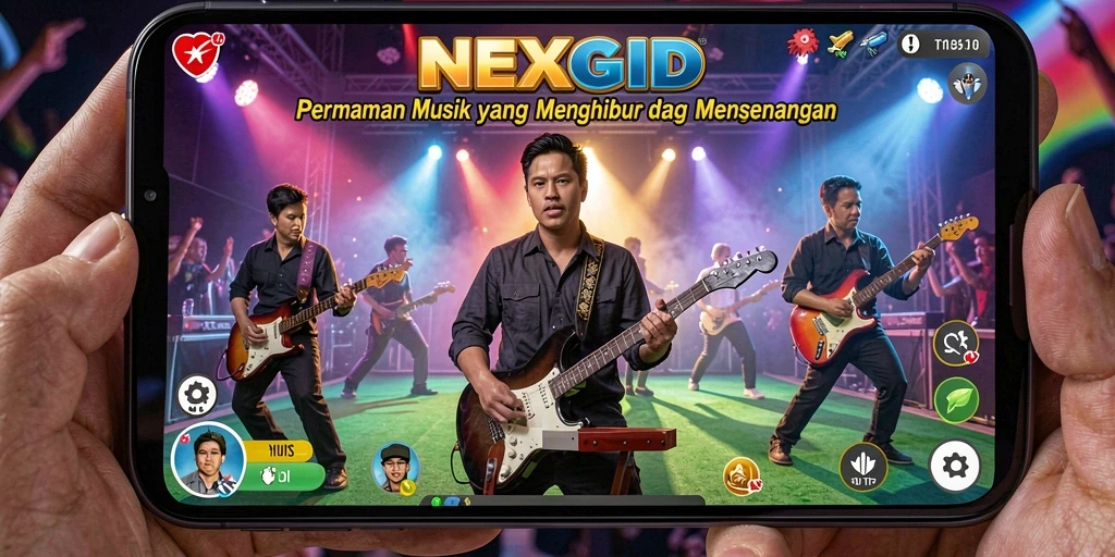 Screenshot menunjukkan gameplay seru dari NEXGID dengan berbagai pilihan lagu.