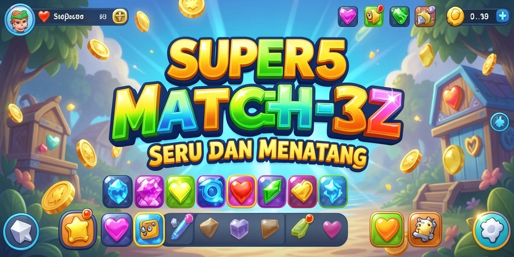Tampilan screenshot dari gameplay Match-3 SUPER5 yang menarik dan penuh warna.