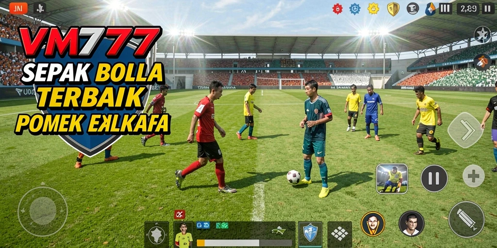 Tampilan gameplay <strong>VM777</strong> yang dinamis dengan pemain beraksi di lapangan sepak bola.